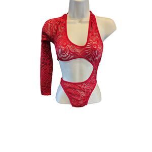NWT Fredericks of Hollywood Kerry Lace Bodysuit Size Small Red Sheer One Sleeve